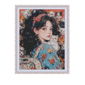 Beauty With Cat 14CT 16CT Printed On Canvas Cross Stitch DIY Set Chinese Pattern Kit Home Needlework Embroidery 160 Colors